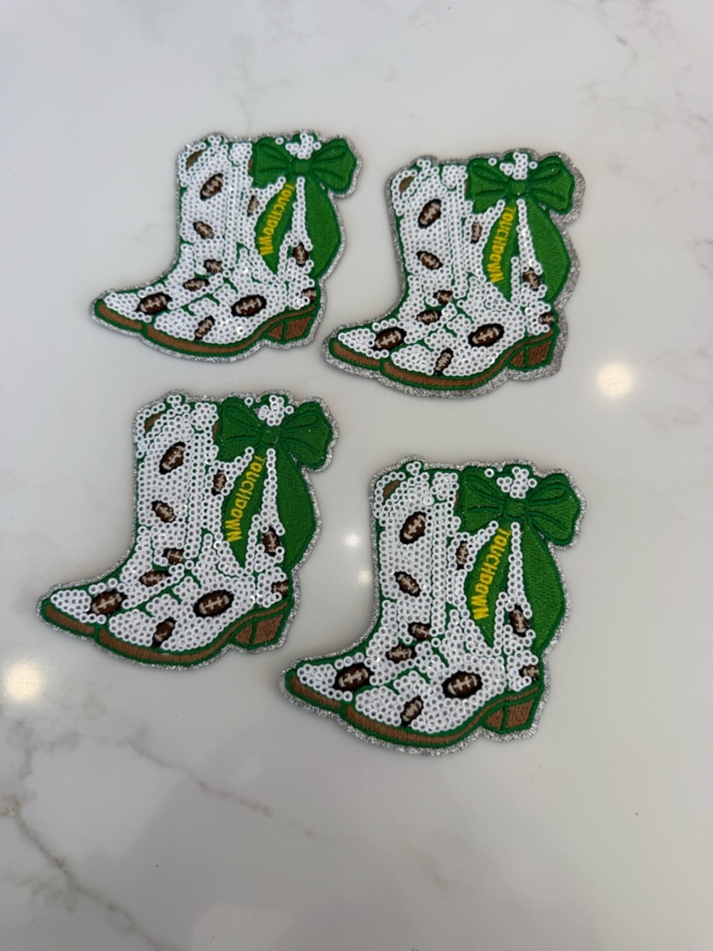 Green & White Sequin Cowboy Boot Iron On Patches